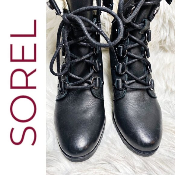 NWOT SOREL After Hours Lace-Up Shearling Waterproof Wedge Boots Black, 9.5 - Picture 3 of 14